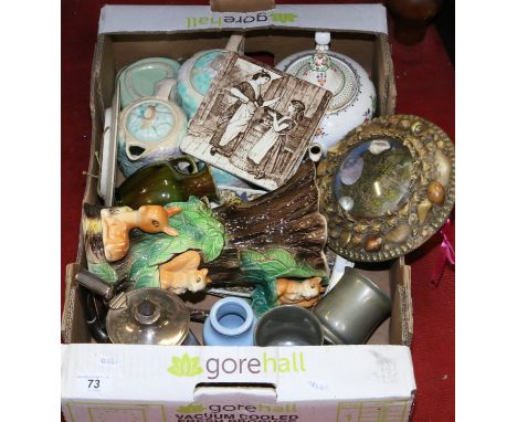 A box of miscellaneous to include Hornsea decorative jug, Minton tile, pewter, Sylvac etc.