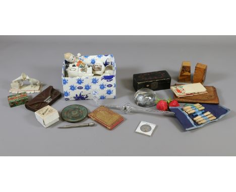 A lot of collectables including crested wares, vintage game, paperweight, leather purse, glass pipe, wooden cruet, mechanical