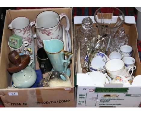 Two boxes of mixed ceramics and glasswares including crystal decanter, vase and drinking vessels, china tea services, a turne