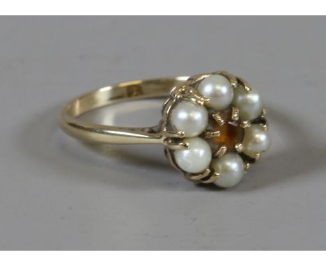 A 9ct gold seed pearl and gem cluster ring, size O.