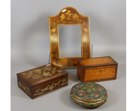 A satinwood and mahogany tea caddy, inlaid photograph frame, lidded bowl and brass/copper decorated mahogany box.