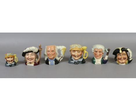 Six miniature Royal Doulton character jugs; Benjamin Franklin D6695, Capt Henry Morgan D6469, Apothecary D6574, Porthos D6453