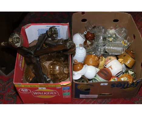 A box of ceramic and glass honey pots and trifle dishes, along with a three branch ceiling light fitting with two matching wa
