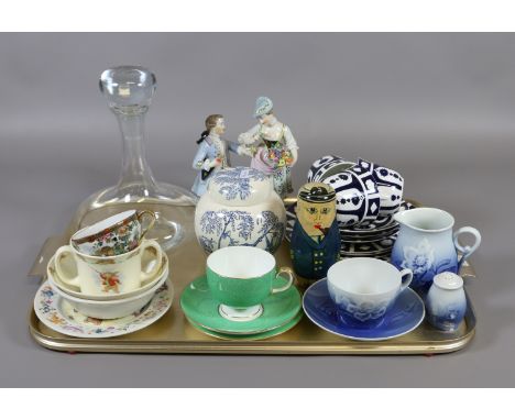 A tray of collectables, ships decanter, Noritake, Mason Ringtons, Wedgwood Rupert bear and Bunnykins, Russian stacking doll a