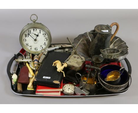 A tray of metalware and collectables to include Westclox Big Ben alarm clock, Acme whistle, trophy, Asuia pocket watch etc.