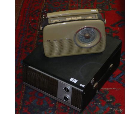 A vintage Ferguson portable record player and a vintage Bush radio.