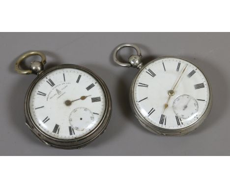 Two silver cased pocket watches; assayed Birmingham 1920 and London 1862. Both with enamel dials and subsidiary seconds.