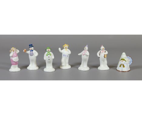 Six Coalport ceramic snowman characters and a Border Fine Art snowman and James candle snuffer.