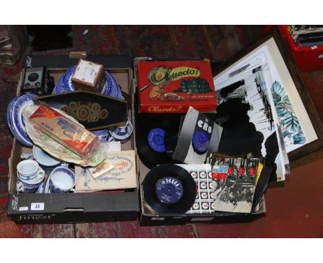 Two boxes of miscellaneous ceramics, games and 1960/70s records to include Denby, Escalado and artist like Elvis Presley, Bea