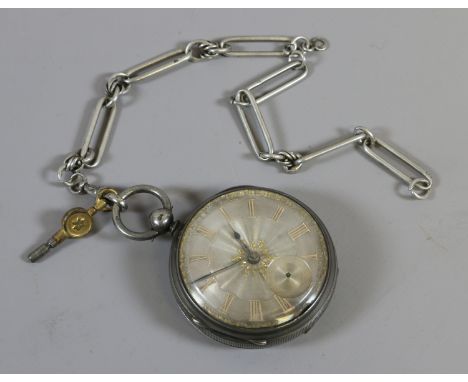 A silver cased fusee pocket watch, key and silver Albert chain with silvered dial, applied gilt Roman numerals, subsidiary se