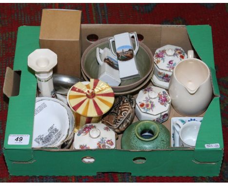 A box of miscellaneous including a Goebel conserve/honey pot, Wade trinket dish, crested wares, art pottery, hip flask etc.