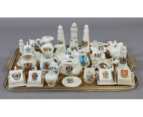 A tray of crested wares by various factories including Arcadian, Shelley, W. H. Goss, Grafton china, Carlton china etc.