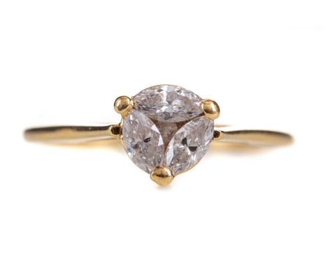 DIAMOND FOUR STONE RING,set with three marquise diamonds above a round brilliant cut diamond, totalling approximately 0.33 ca