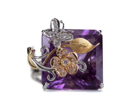 LARGE AMETHYST AND DIAMOND RING,the large amethyst with overlaid diamond set flower and butterfly, in eighteen carat white go