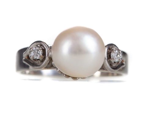 PEARL AND DIAMOND RING,set with a spherical pearl flanked by two round brilliant cut diamonds totalling approximately 0.08 ca