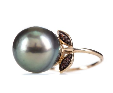 TAHITIAN PEARL RING,the pearl flanked by treated orange diamond set leaves, in nine carat gold, size P 1/2, 7.2g