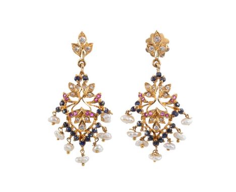 PAIR OF FINE RUBY, SAPPHIRE, GEMSTONE AND PEARL EARRINGS,North Indian/Pakistan, ensuite to previous lot, screwback posts, one