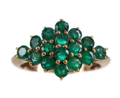 EMERALD CLUSTER RING,set with round emeralds, in nine carat gold, size K 1/2, 2.7g