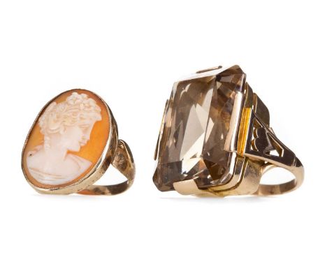 LARGE SMOKY QUARTZ RING,marked 9CT, size O, along with a nine carat gold cameo ring, size P, 24.7g gross (2)