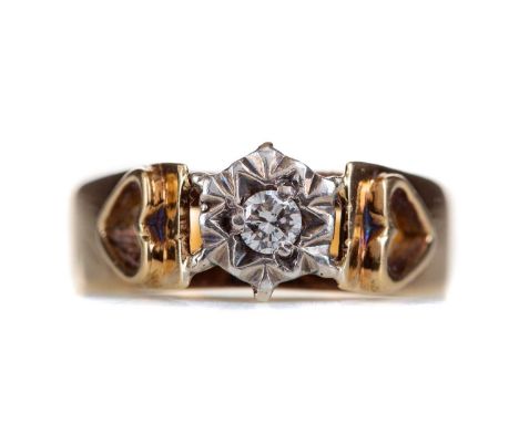 DIAMOND SOLITAIRE RING,set with a round brilliant cut diamond of approximately 0.07 carats, with openwork heart motif to each