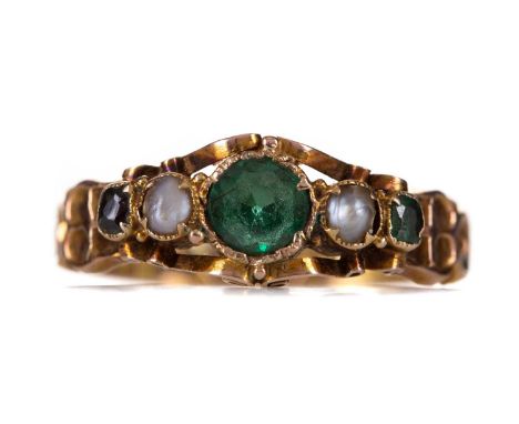 EMERALD AND PEARL RING,set with a row of emeralds and pearls, to an openwork shank with engraved decoration, in twelve carat 