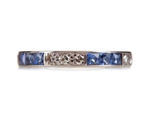 SAPPHIRE AND DIAMOND ETERNITY RING,set with calibre cut sapphires and round brilliant cut diamonds, unmarked, size L 1/2, 2.6