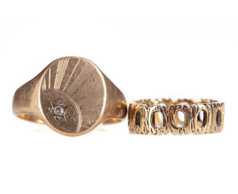 NINE CARAT GOLD SIGNET RING, set with a small round white gem, size T, along with a nine carat gold openwork band, size J 1/2