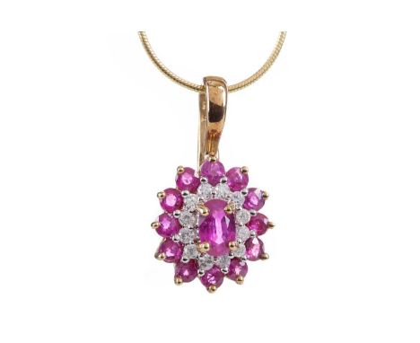 RUBY AND DIAMOND PENDANT,on a nine carat gold chain, along with a nine carat gold ring, size P, 6.9g (2)      Rubies pinky re