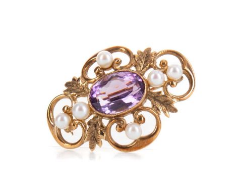 AMETHYST AND FAUX PEARL BROOCH,set with a central amethyst flanked by faux pearls, to a nine carat gold openwork mount, 8.1g