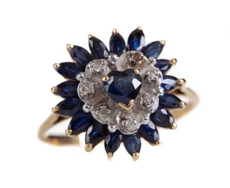 SAPPHIRE AND DIAMOND HEART RING,set with heart shaped and marquise sapphires interspaced by diamond chips, marked 14KP, size 