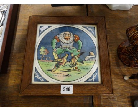 An Oak Framed Hollins & Co Ceramic Tile Depicting A Cock Fight