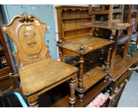 A Victorian Oak Shield Back Hall Chair Together With A Two Tier What-Not & Tripod Games Table