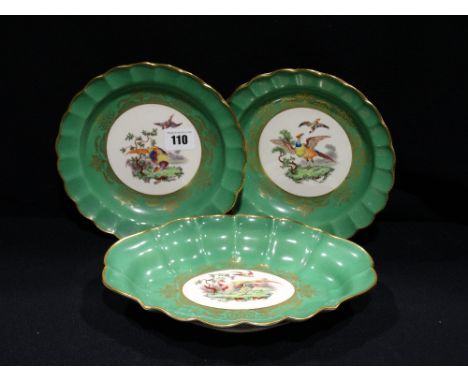 Three Royal Worcester Green Ground Serving Plates Each With Painted Panel Of Exotic Birds