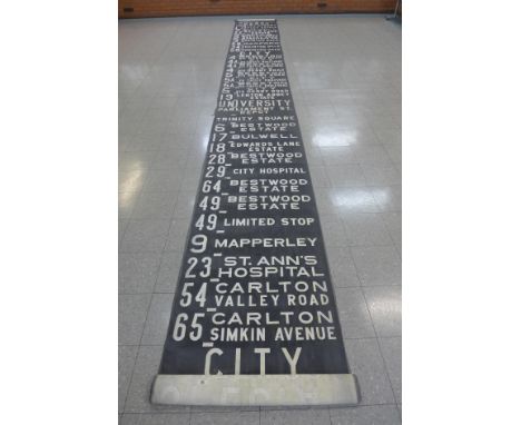 A Nottingham bus or tram canvas destination roller sign. Destinations include Parliament Street, University, Lenton Lane, Goo