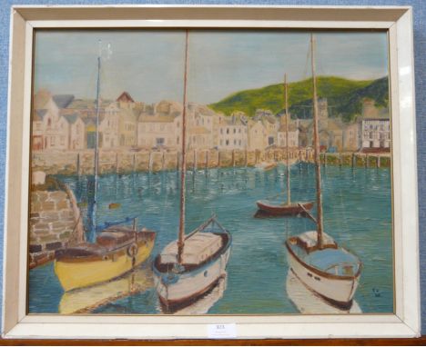 S.G., boats in a harbour, oil on board, framed and a small watercolour, rural landscape, framed 