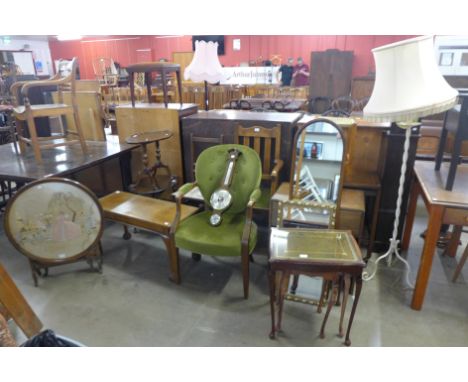 An oak elbow chair, a nest f tables, a dwarf longcase clock, aneroid barometer, metal standard lamp, etc. (15) 