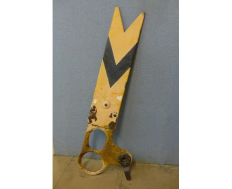 British Railways 'Distant' signal arm, yellow and black enamel with iron bracket, 156 x 26cms 