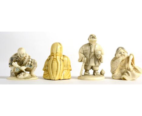 A Japanese Ivory Netsuke, Meiji period, carved as the seated Fukurokuju, 4.5cm; and Three Similar Netsukes (4)