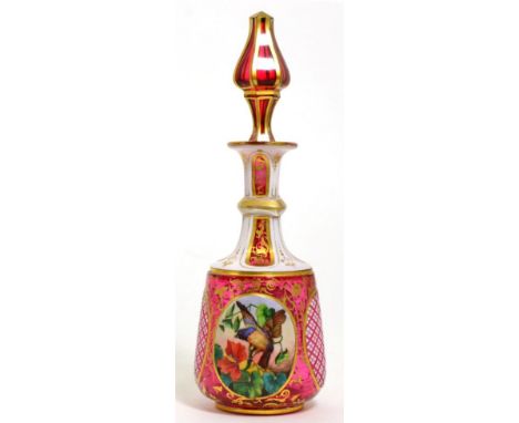 A Bohemian White Overlay Ruby Glass Scent Bottle and Stopper, circa 1870, decorated with a bust portrait of a girl and with a