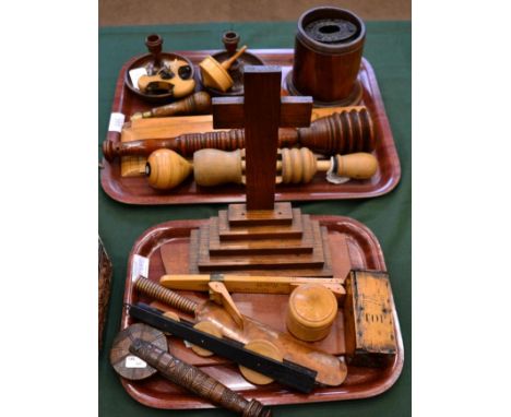 A 19th Century Engine Turned Treen Inkwell, 8.5cm diameter; A Chip Carved Treen Spinning Pulley; and A Quantity of Various Tr