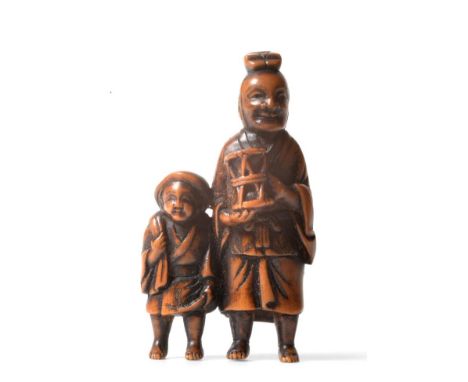 A Japanese Boxwood Netsuke, signed Masakazu, Edo period, as Karako and an entertainer, 3.5cm high 