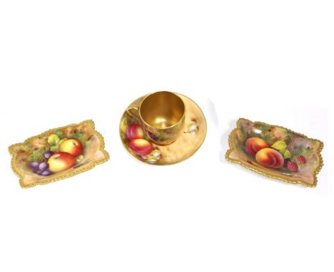 Two Royal Worcester Porcelain Rectangular Pin Trays, 20th century, painted with a still life of fruit by Shuck and another wi