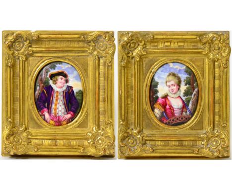 A Pair of Painted Enamel Oval Plaques, 19th century, depicting a 17th century lady and gentleman, 8.5cm by 6.5cm, in gilt fra