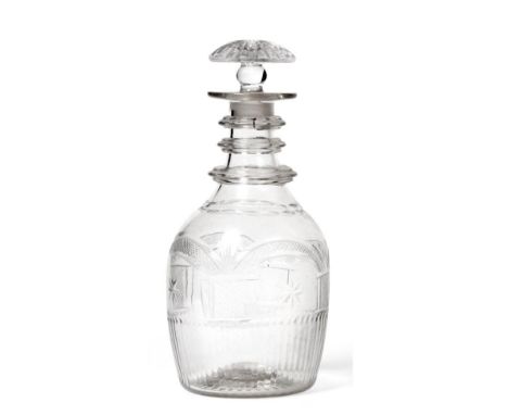 An Irish (Penrose, Waterford) Decanter and Fluted Stopper, circa 1800, of Prussian form with triple ring neck and a band of c