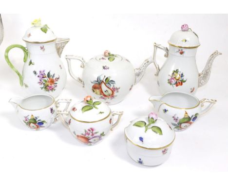 Herend China Tablewares, 20th century, comprising teapot, coffee pot, covered milk jug, two small cream jugs and two saucers 