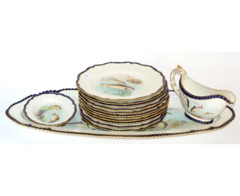 A Royal Worcester Porcelain Fish Service, 1899, printed and overpainted with river fish, comprising a sauce boat and stand, e