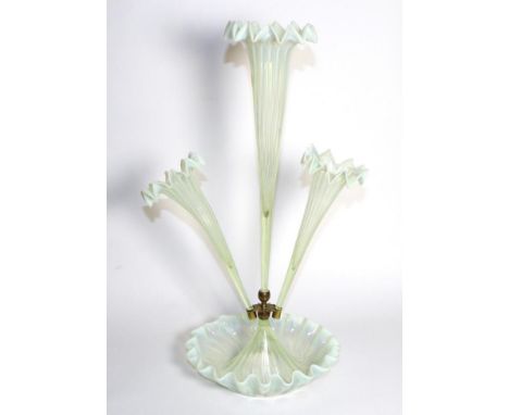 A Striped Vaseline Glass Epergne, with frilled rims, the central trumpet vase flanked by two further vases, on a circular foo