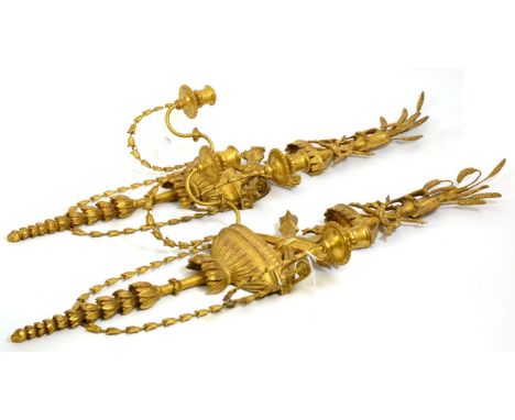 A Pair of Giltwood and Gesso Twin-Light Wall Sconces, carved with wheat sheaves, husk swags  and classical ornament, 78cm hig