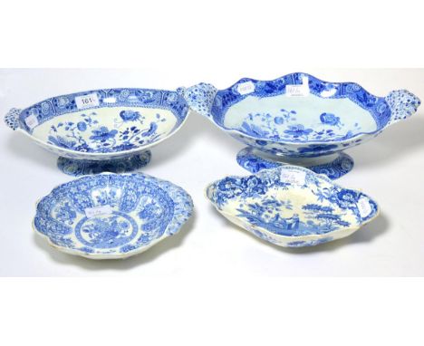 A Spode Pearlware Centrepiece, circa 1820, of lobed oval form with twin scroll handles, printed in underglaze blue with flowe