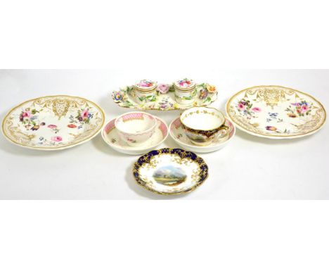 A Staffordshire Porcelain Flower Encrusted Inkstand, circa 1840, with two covered inkpots on a shaped plateau and scroll feet